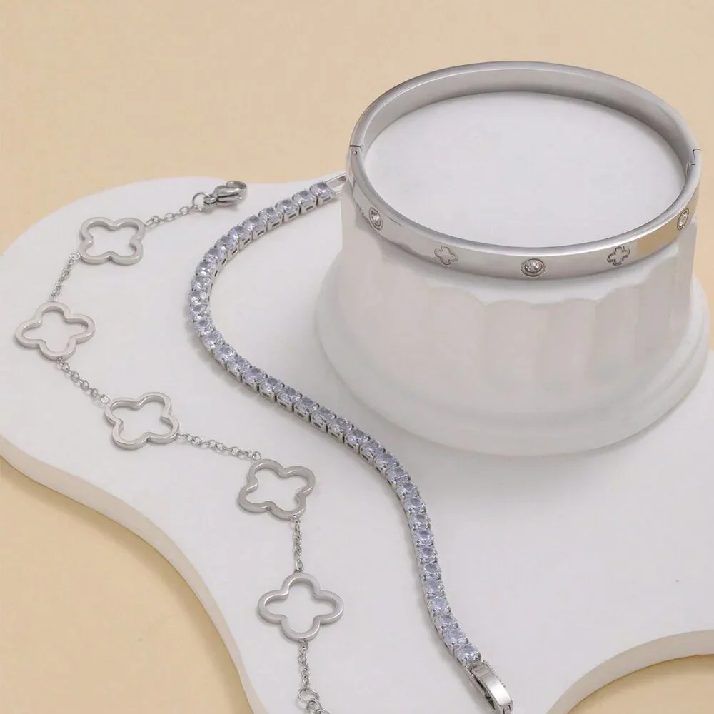 Silver Preppy Women's Inlaid Bangle Bracelet Set